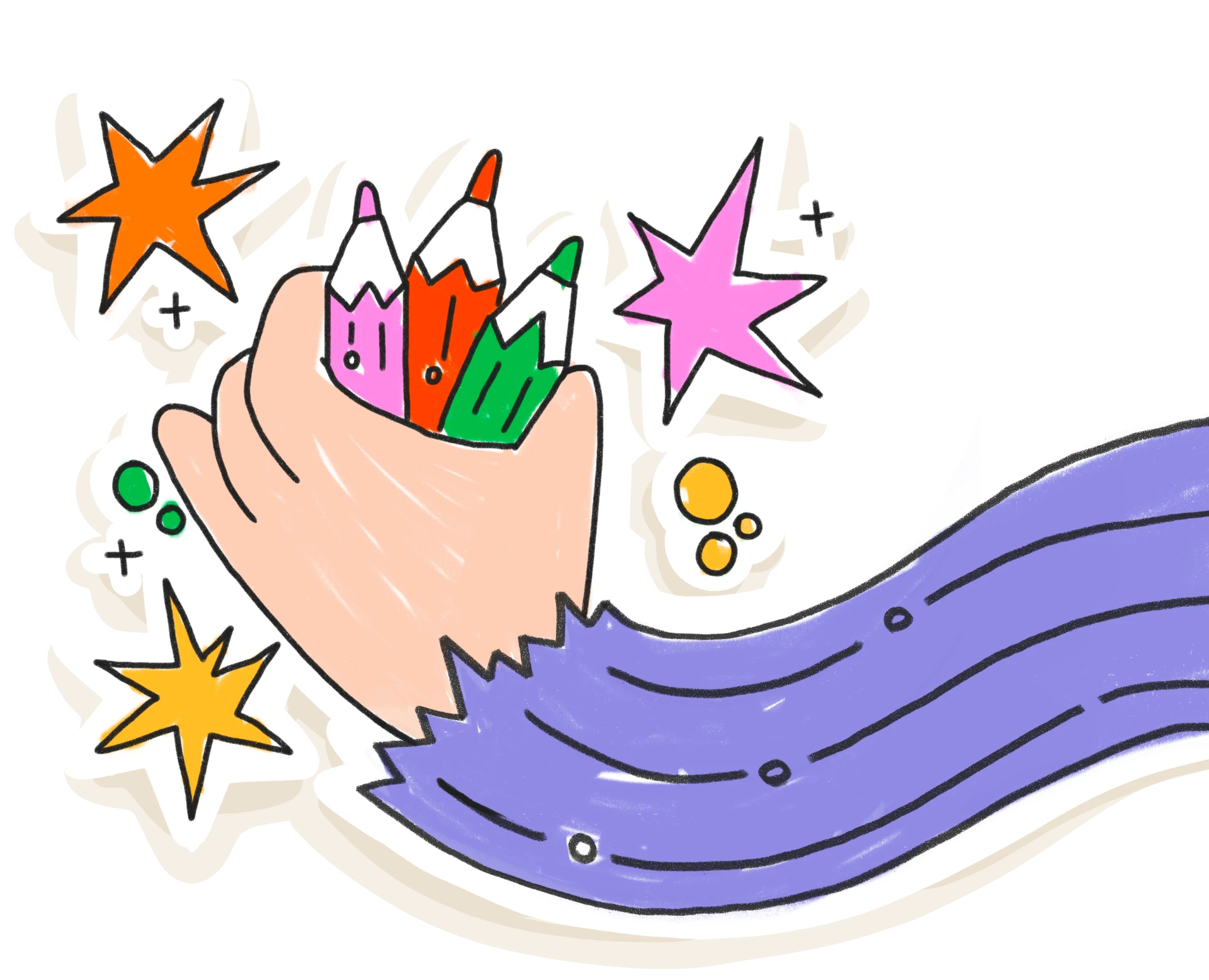 A hand holding three colourful pencils with stars and a flowing purple sleeve